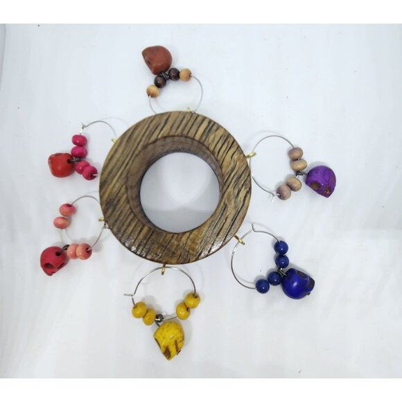 Skull Colorful Wine Glass Charms Set - 6 Themed Unique Charms With Beads & Wood - Picture 2 of 13